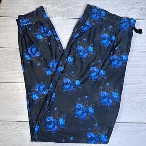 Blue Floral Print Joggers Womens Size S/M Elastic Waist Drawstring